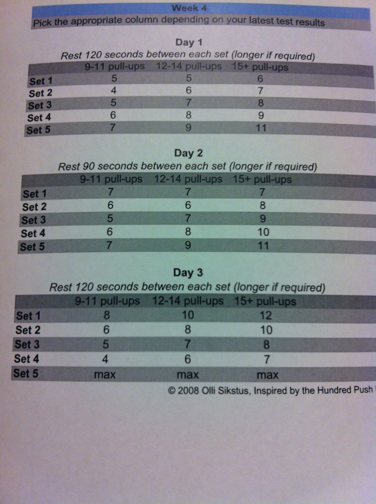 Kuusiviikkoisen The 20 pull-ups challengen viikko 4. Tämän viikon jälkeen ollaan puolessa välissä. Juu, kyselkää vaan, että miten menee.